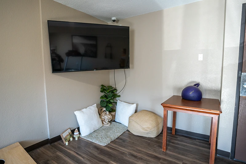 Fitness room television, pillows and exercise ball at ShareHouse Grand Forks Residential.